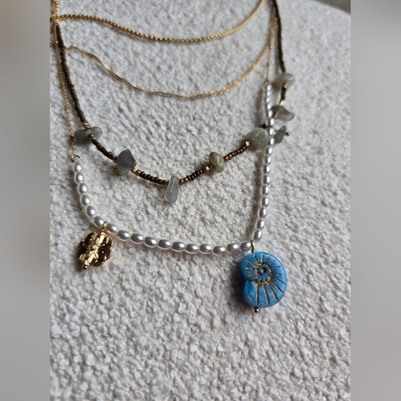 NWT! Free People, Swim & Sleep Layered Necklace,Gold Tone/Blue/White - Picture 5 of 12